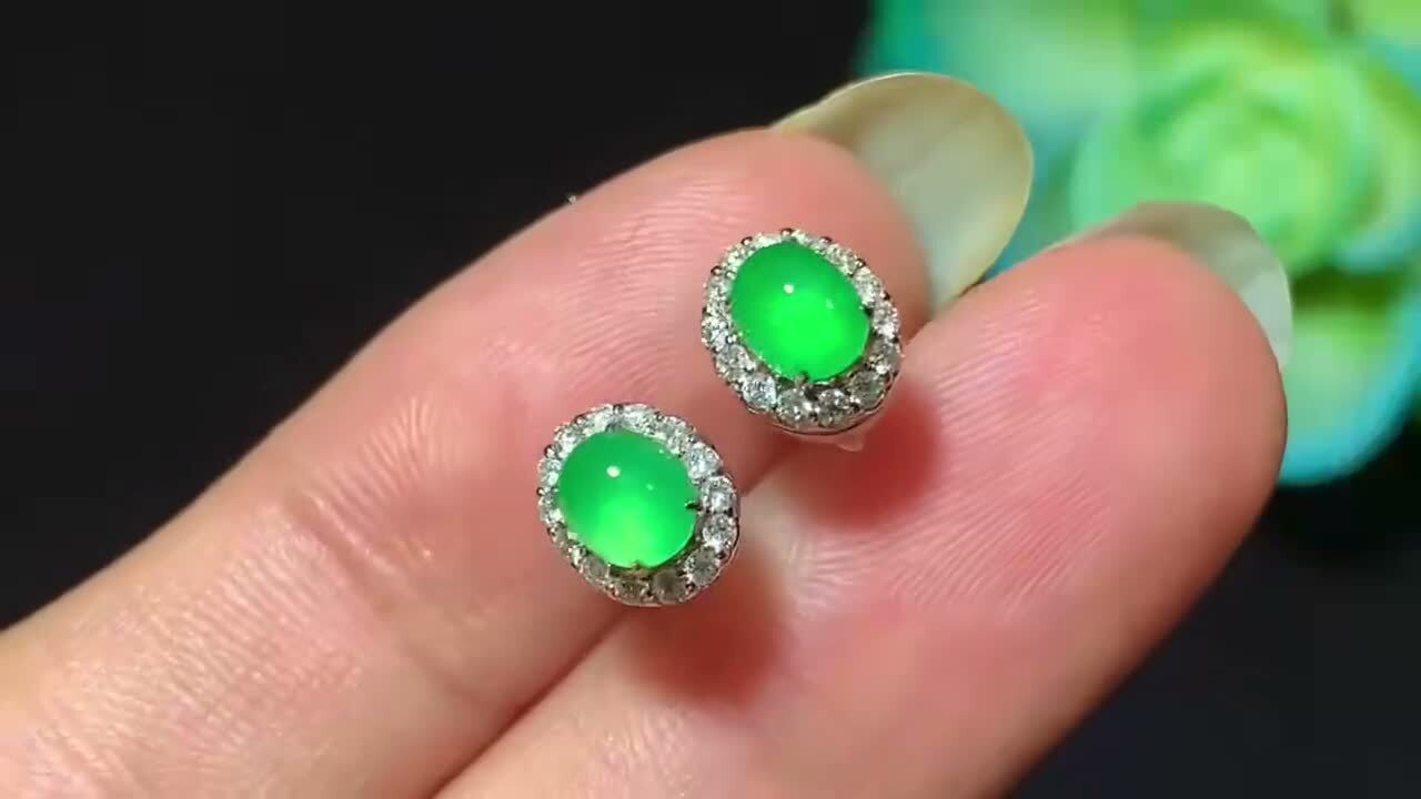 翡翠蛋面耳釘,天然翡翠A玉, 緬甸玉, Jade, Jadeite