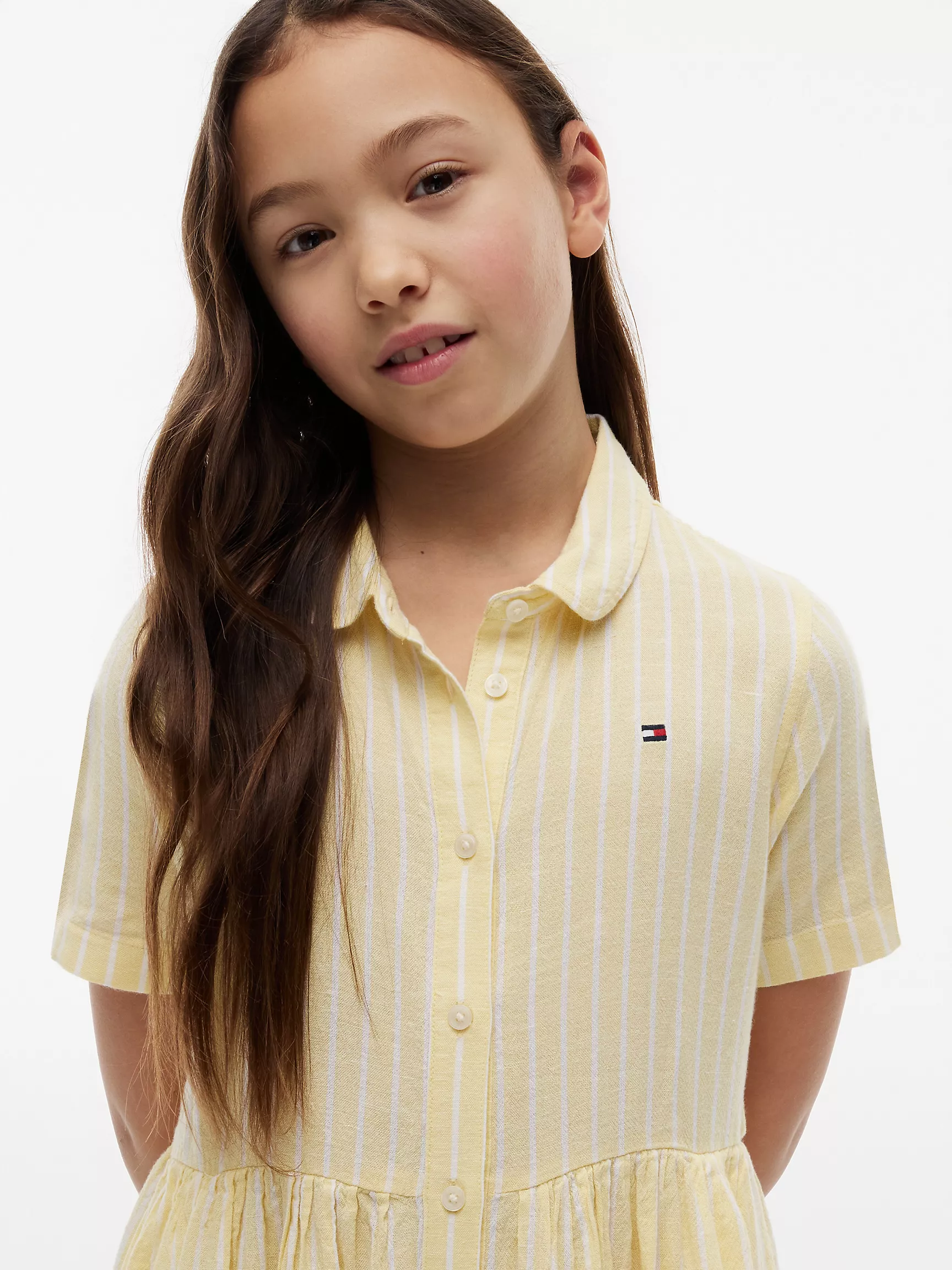 【預購】Tommy Hilfiger H040301 女童經典棉麻混紡間條連身裙
