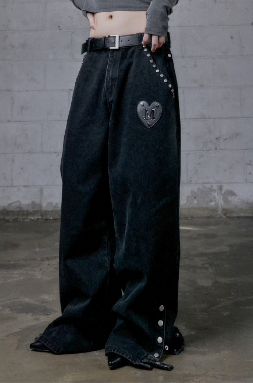 【 4/19收單 】MUCENT 鉚釘點綴寬版丹寧褲 韓國