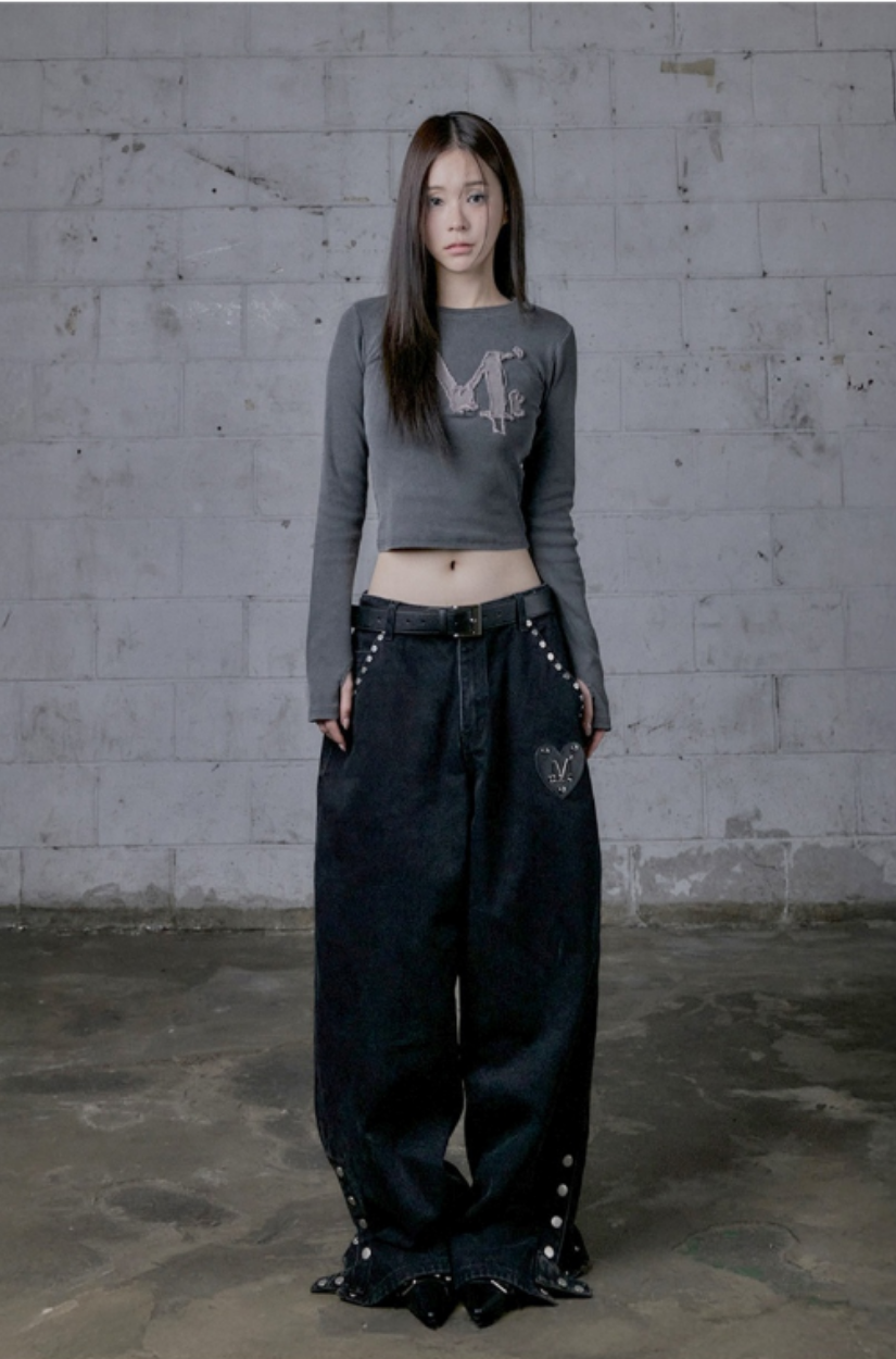 【 4/19收單 】MUCENT 鉚釘點綴寬版丹寧褲 韓國