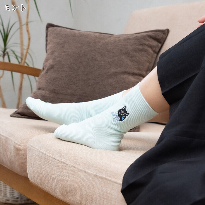 日本製貓咪刺繡襪（薄荷綠）
