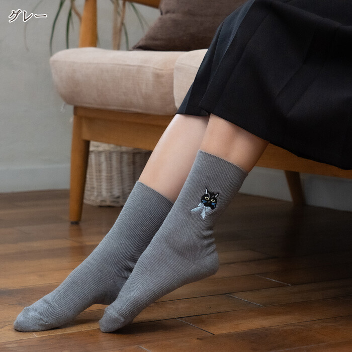 日本製貓咪刺繡襪（灰色）