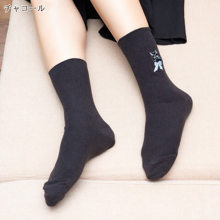 日本製貓咪刺繡襪（炭灰）