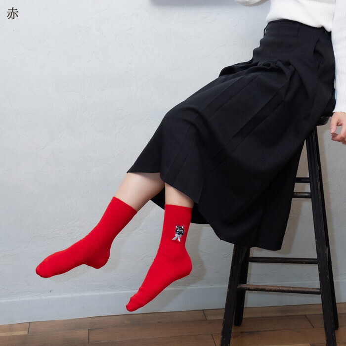 日本製貓咪刺繡襪（紅色）