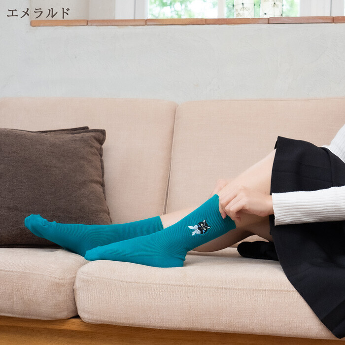 日本製貓咪刺繡襪（孔雀藍）