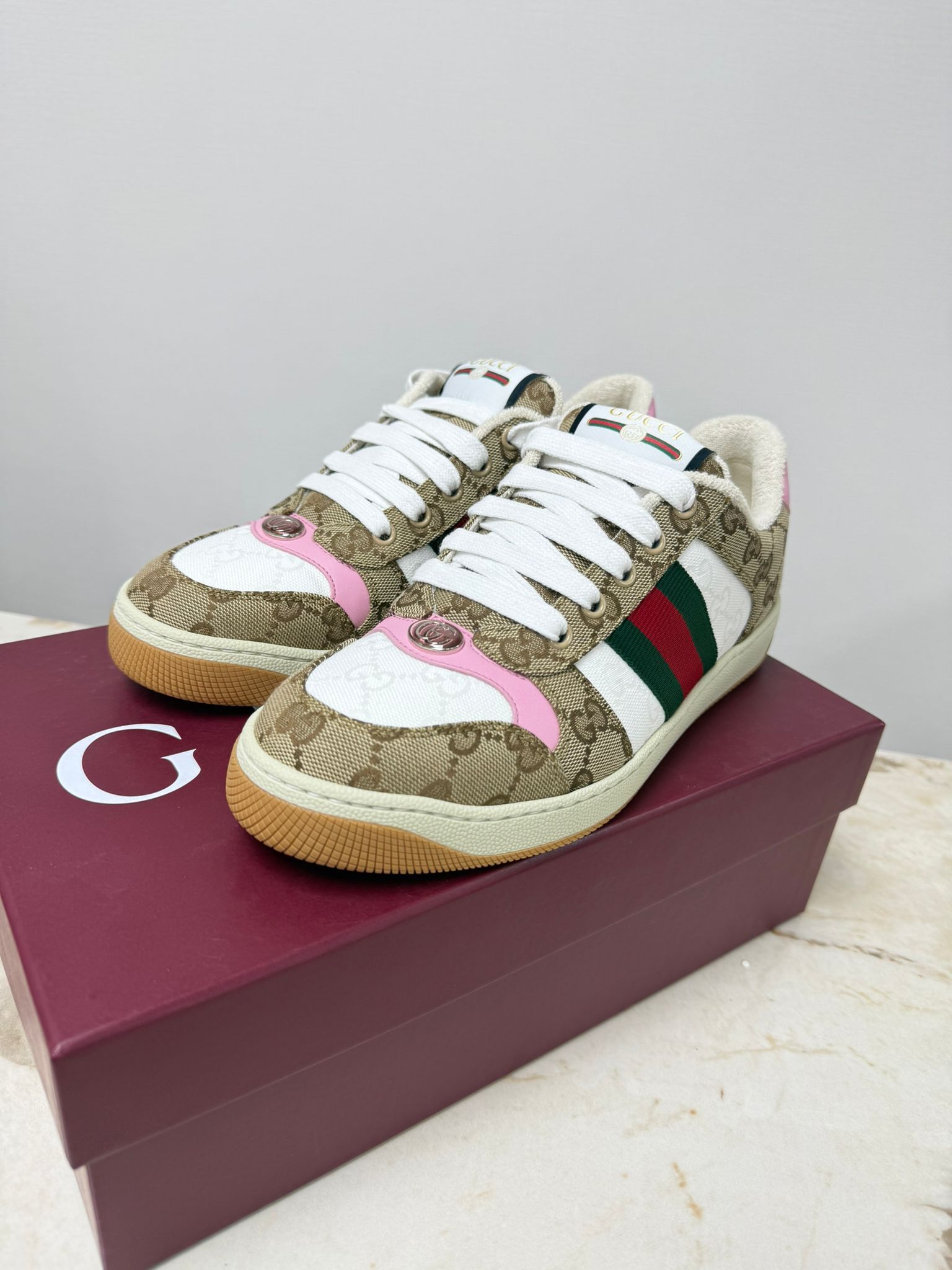 LYS01499 Gucci 滿版Logo帆布運動鞋 - 粉色後踭 37.5碼