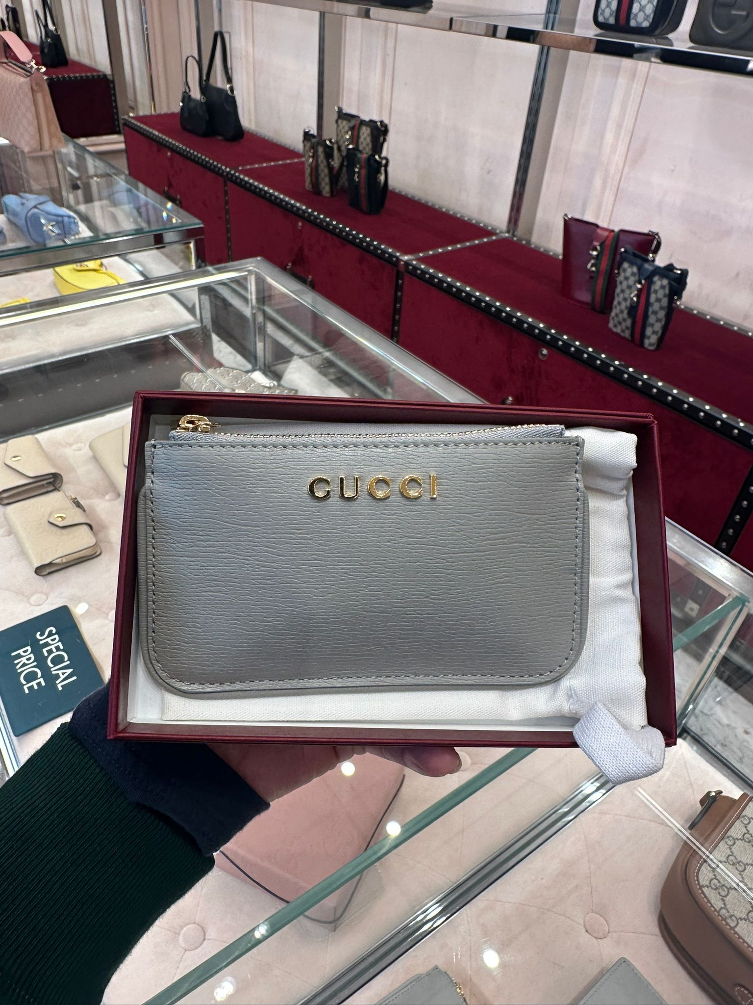 LYS01500 Gucci 金Logo拉鍊卡包 - 淺灰色