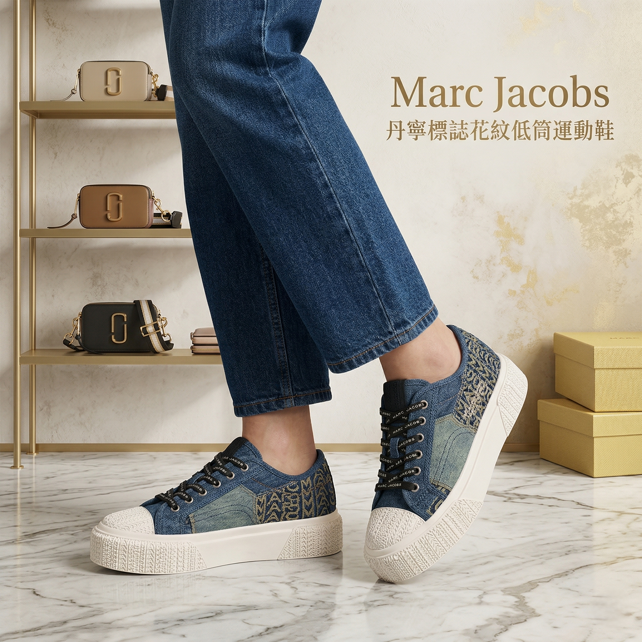 【預購】H040350 Marc Jacobs 丹寧標誌花紋低筒運動鞋