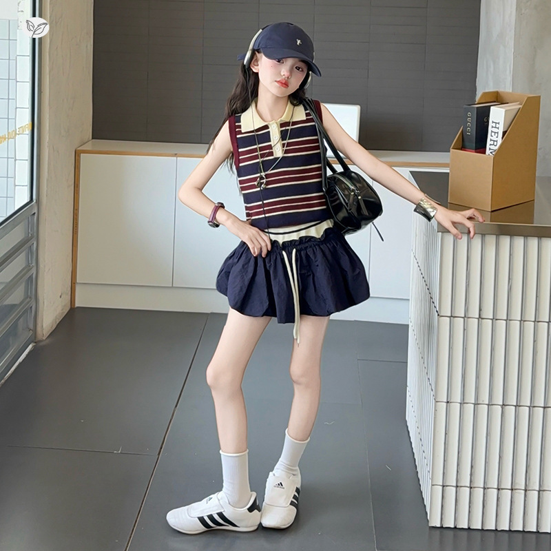 《3144》POLO條紋背心花苞短裙套裝(120-170)