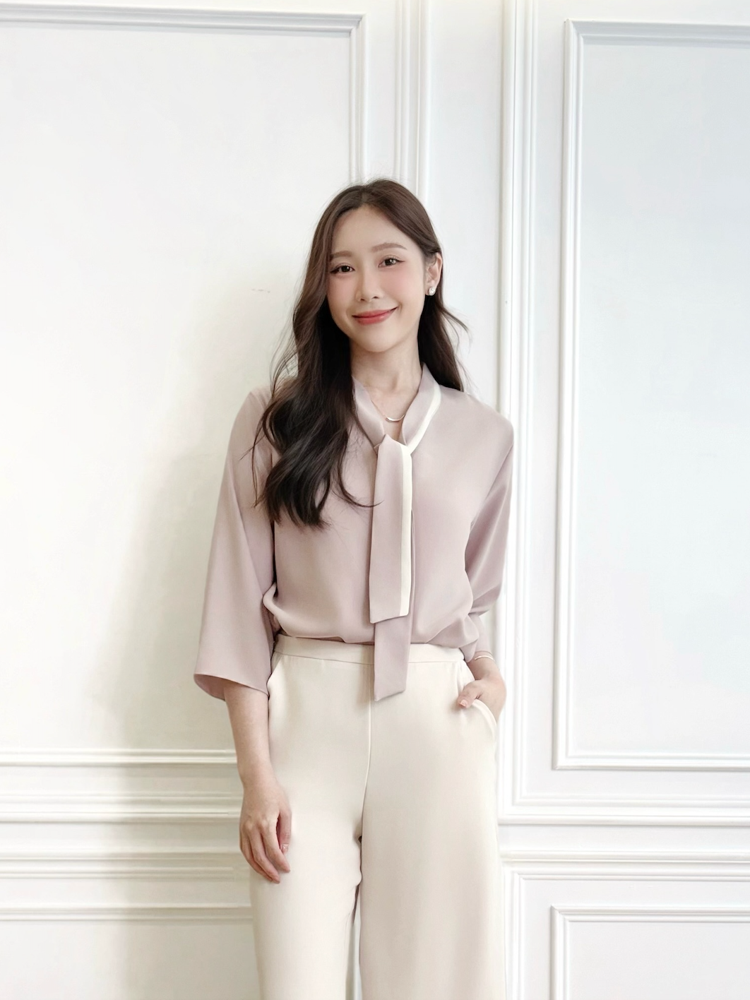 撞色領七分袖上衣