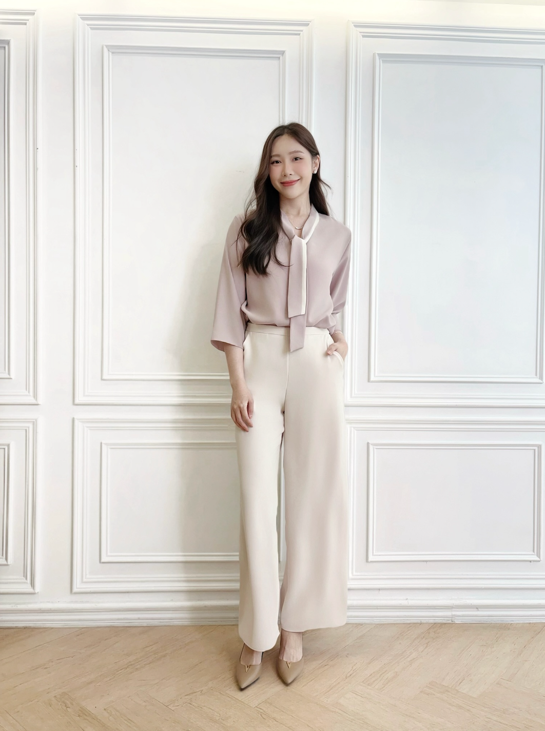 撞色領七分袖上衣