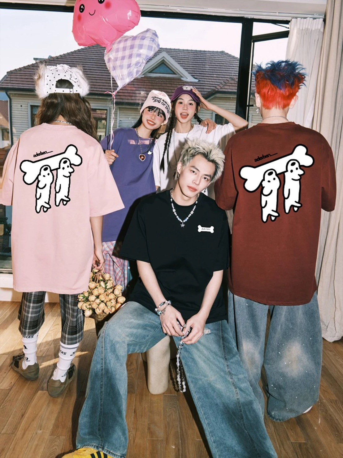 ADE 狗狗印花 寬鬆 上衣 #短袖