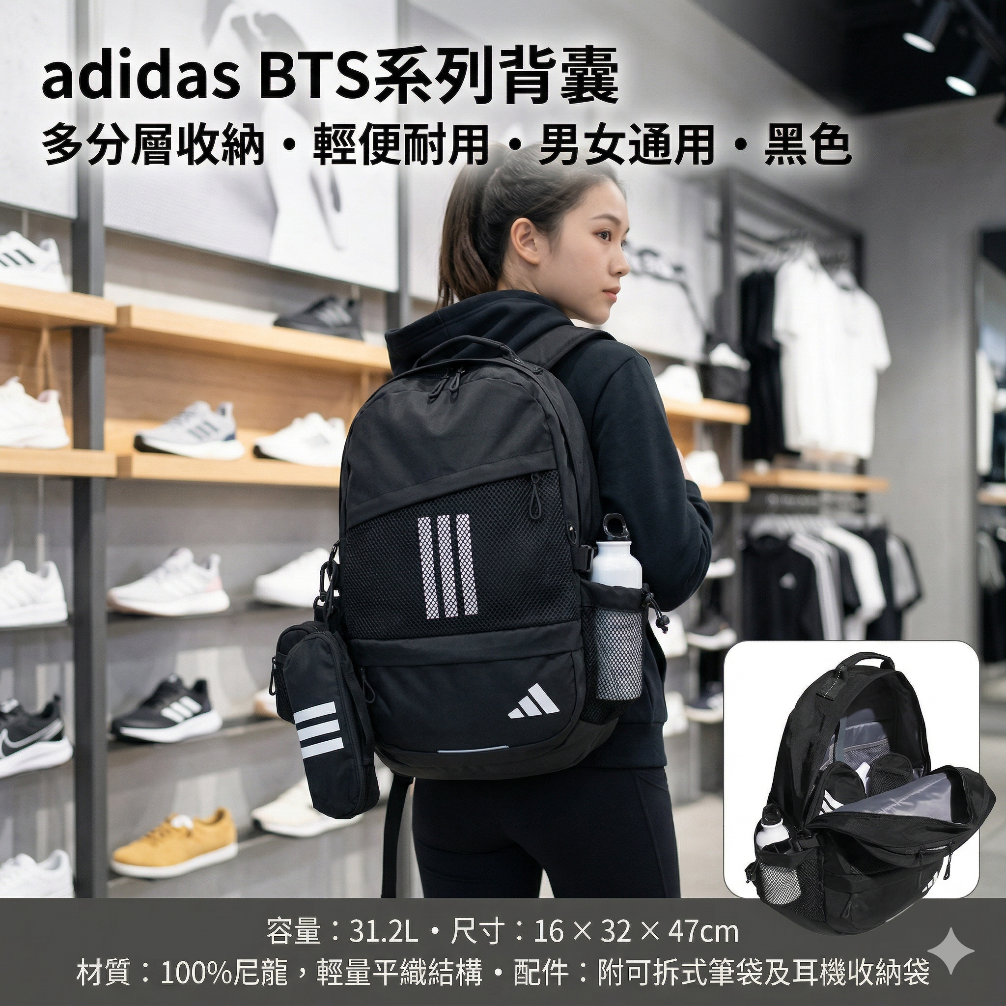 【預購】J0403611　adidas BTS系列背囊｜多分層收納｜輕便耐用｜男女通用｜黑色（JY9116）