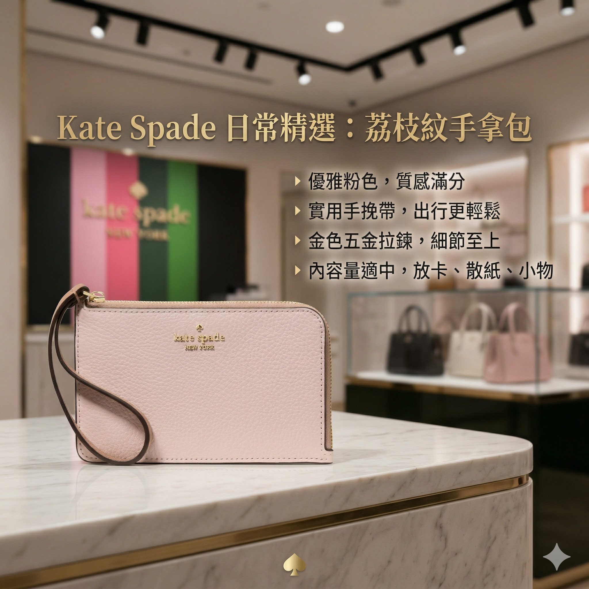 【預購】Kate Spade H040312 經典皮革卡套連手挽帶