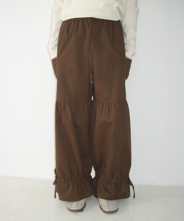 RONRON STRING FRILL SHIRRING WIDE PANTS