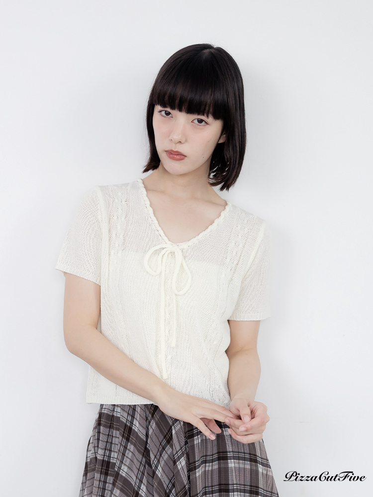 綁帶織紋短袖上衣 PizzaCutFive PCF262404029