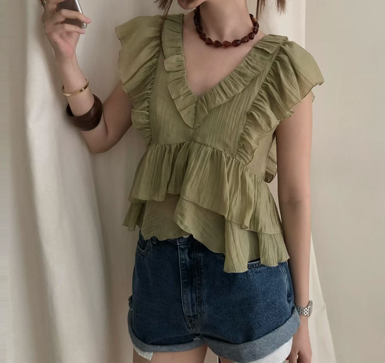 波浪雪紡V領背心