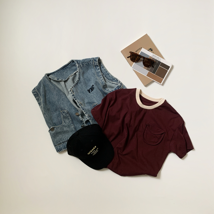 撞色圓領口袋上衣