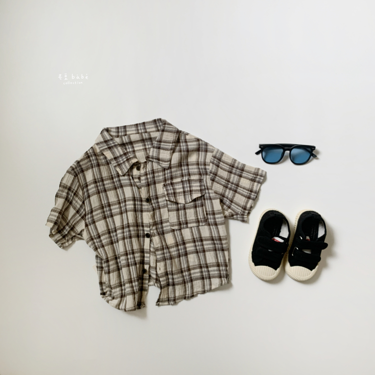 韓系格紋短袖襯衫