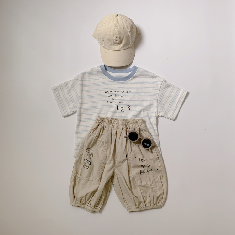 藍條紋英字短袖上衣