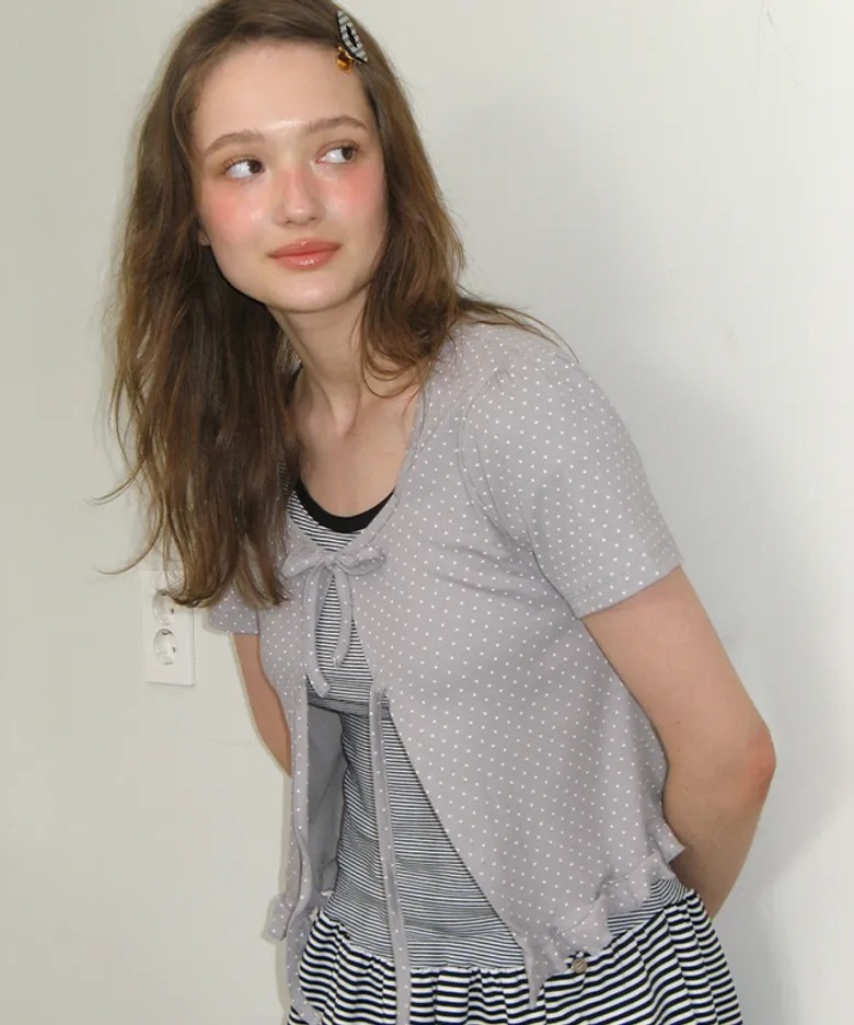 RONRON MINI DOT RIBBON COTTON CARDIGAN