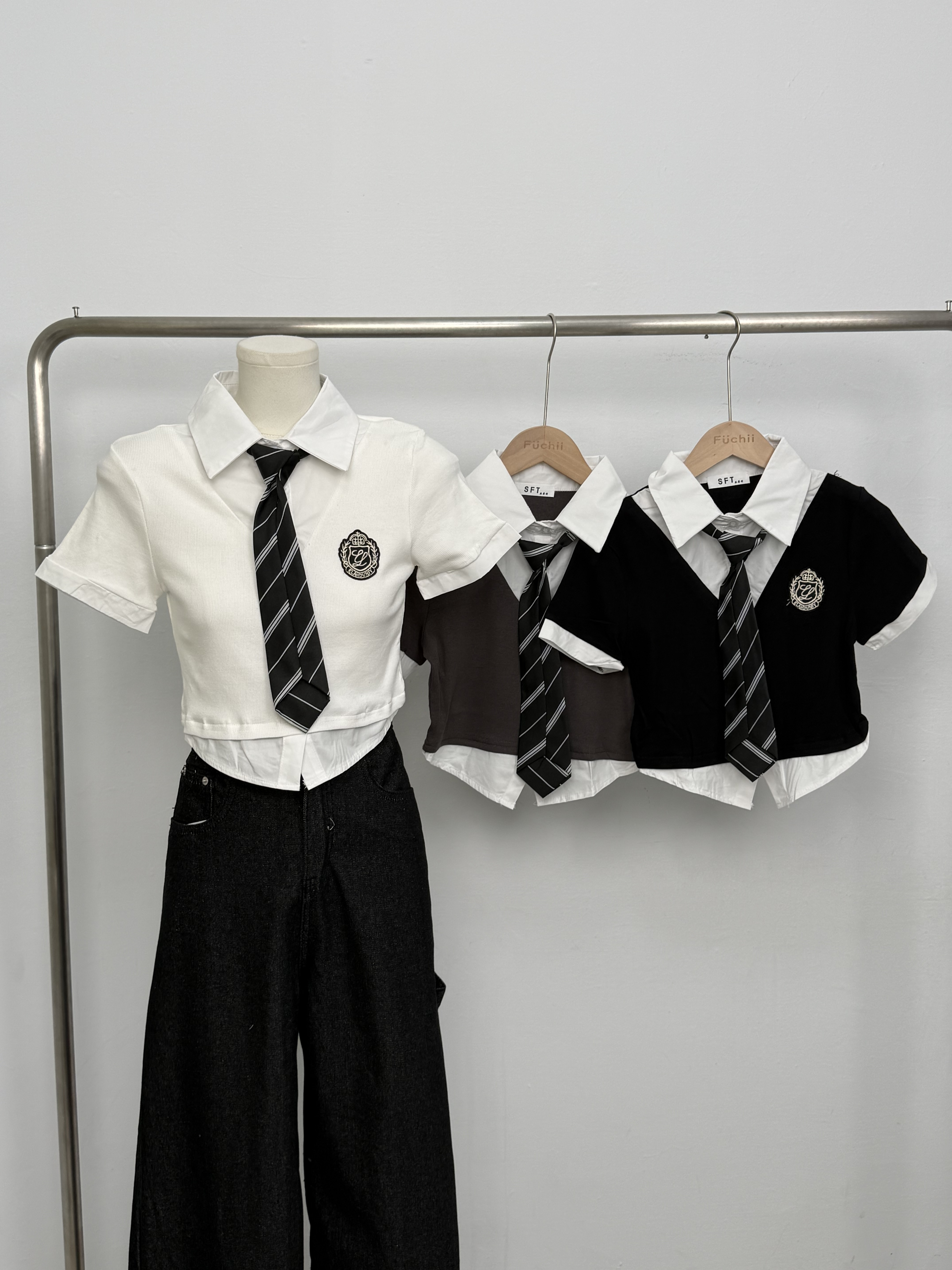 NEW 學院風假兩件領帶襯衫