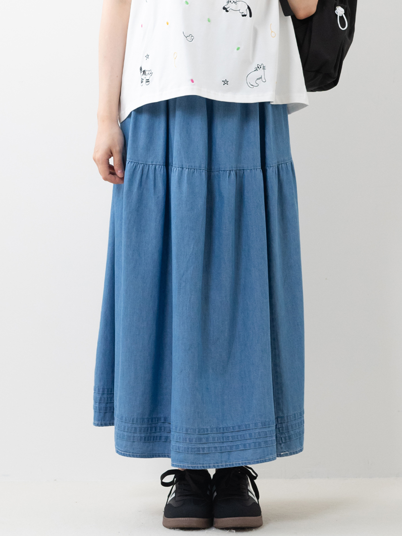 輕盈薄棉下擺壓褶牛仔裙