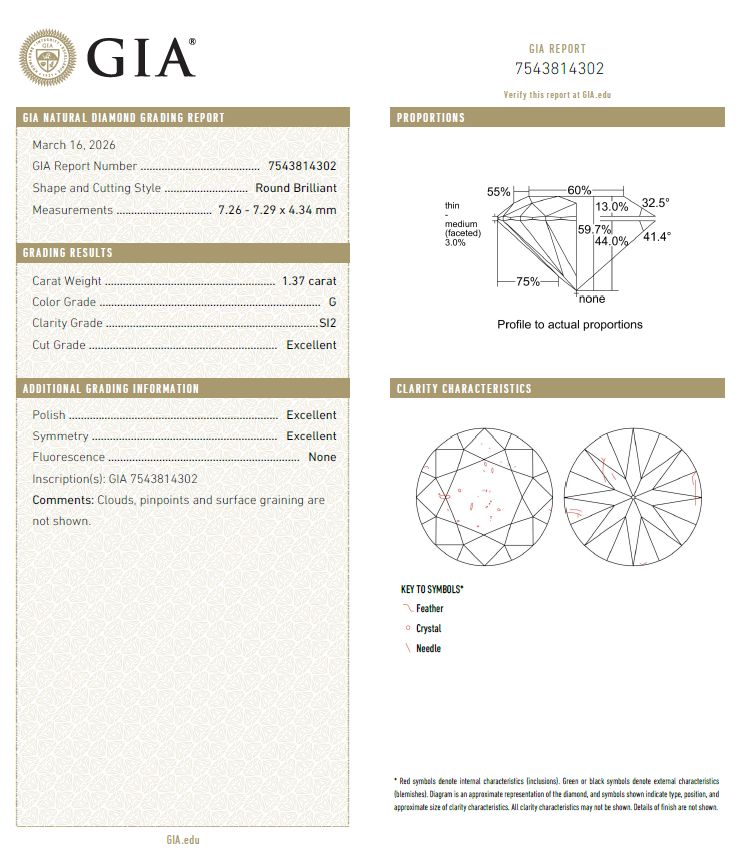 GIA鑽石 1.37 G SI2 3EX NON