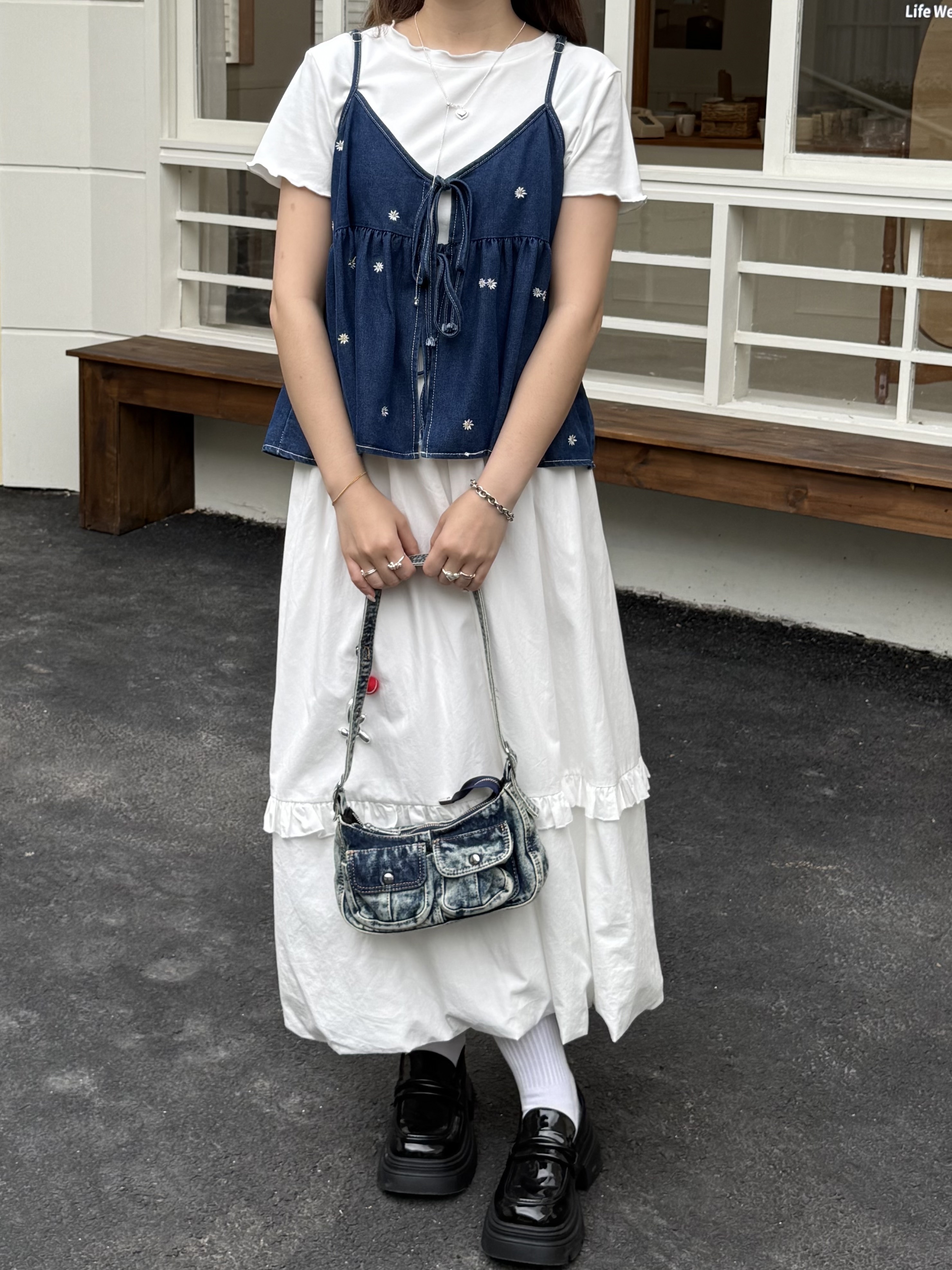 牛仔小小花綁帶罩衫