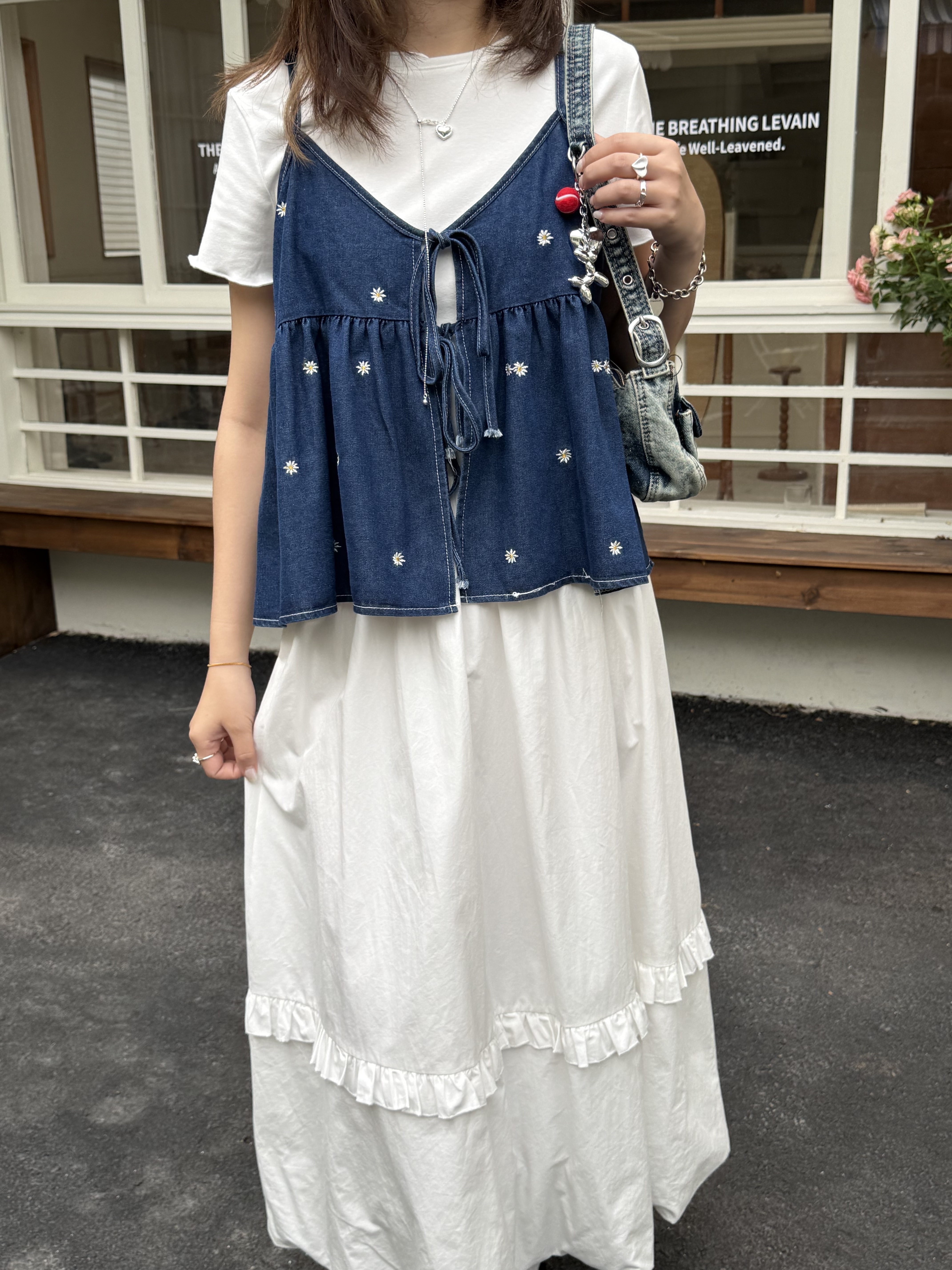 牛仔小小花綁帶罩衫