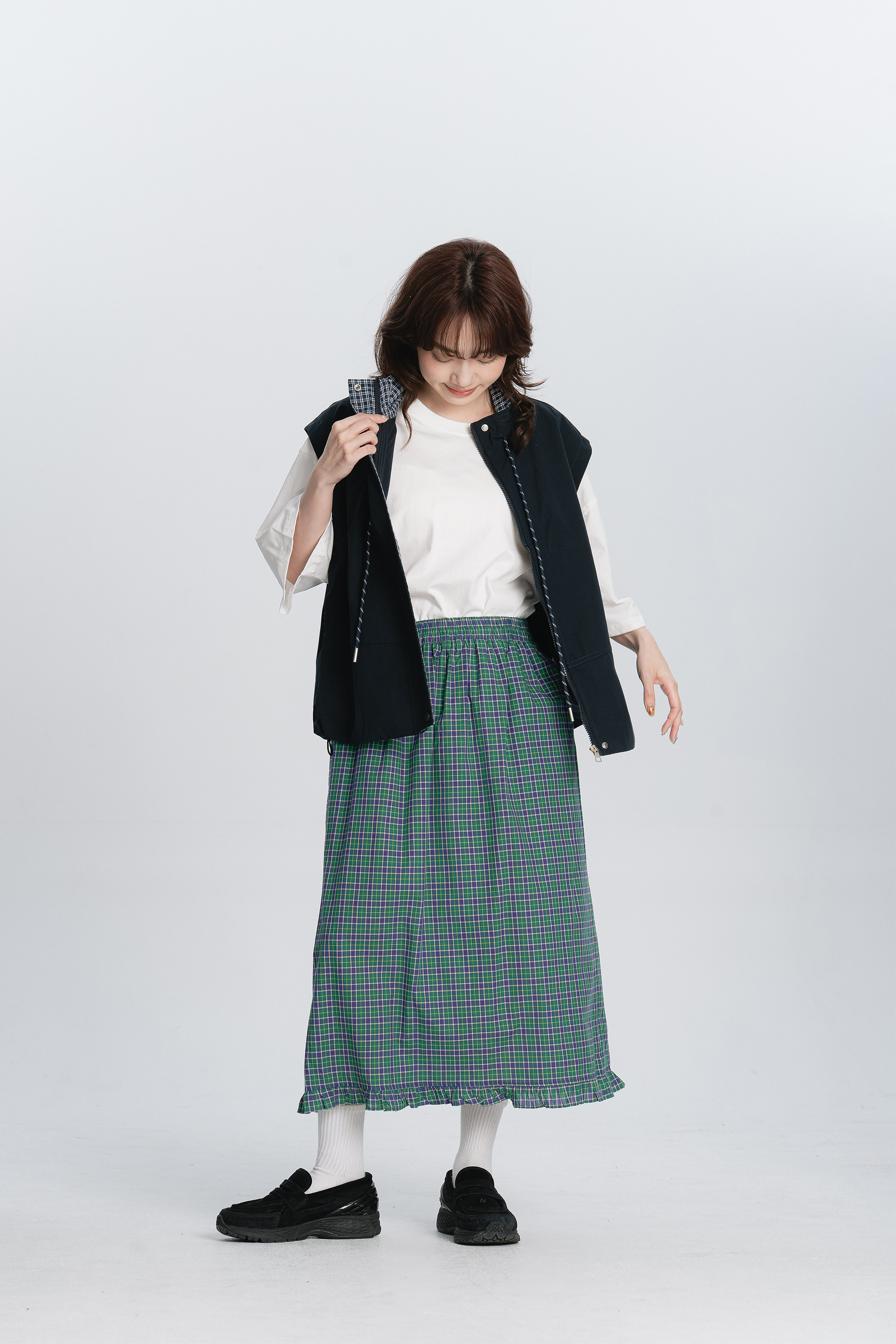 日系跳色格紋花半裙 3色