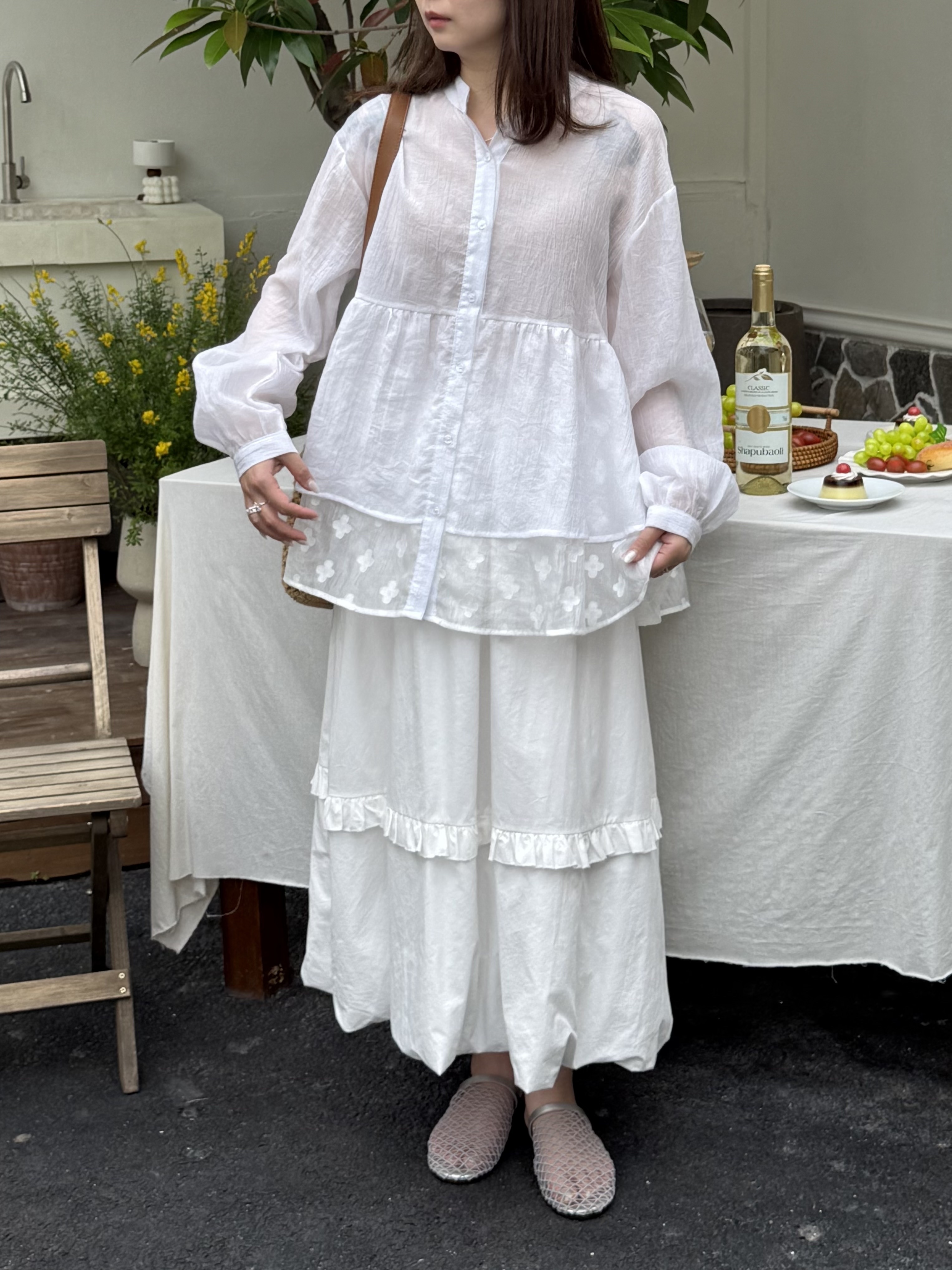 日系拼接小花網紗中山領襯衫