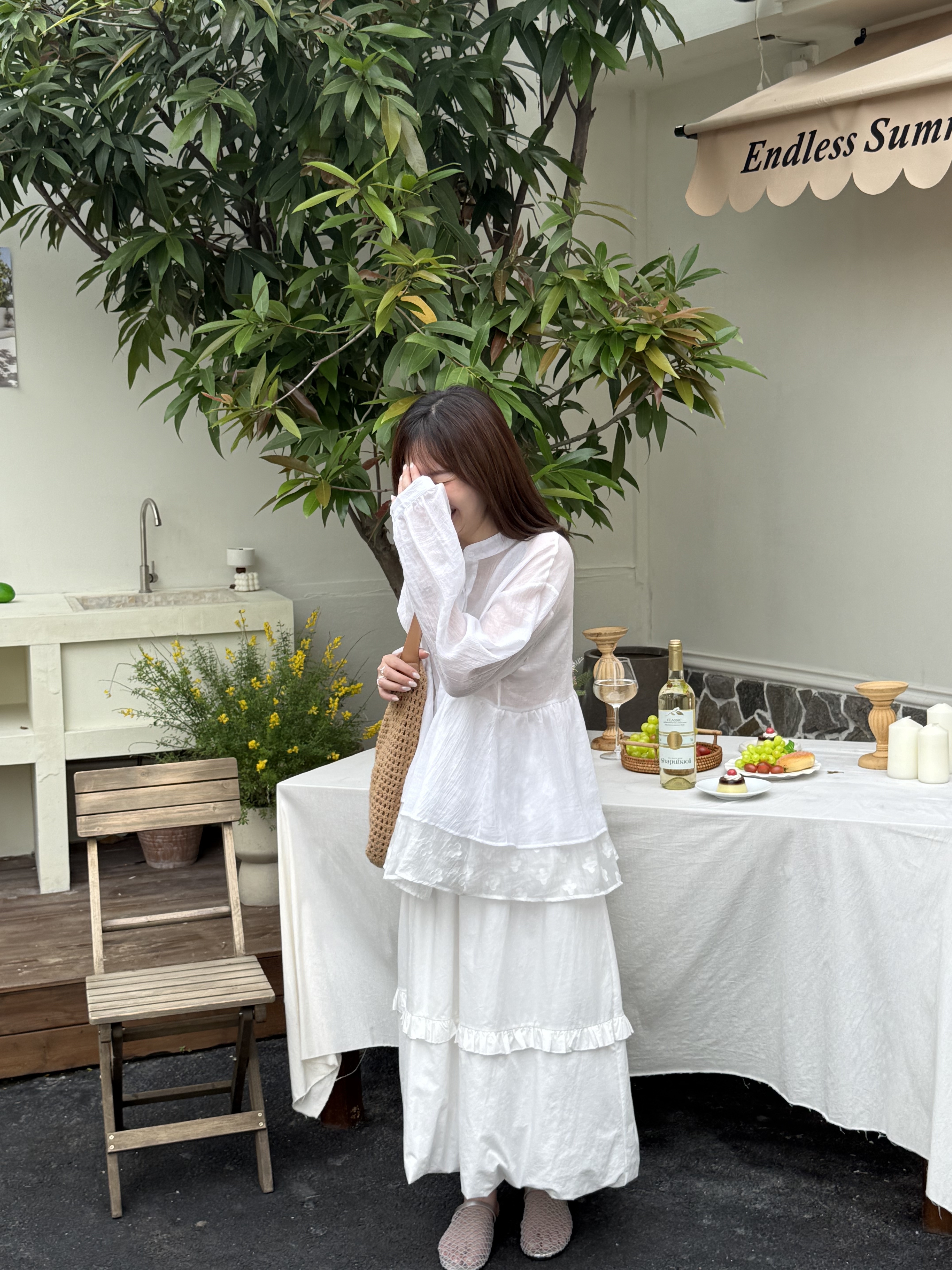 日系拼接小花網紗中山領襯衫