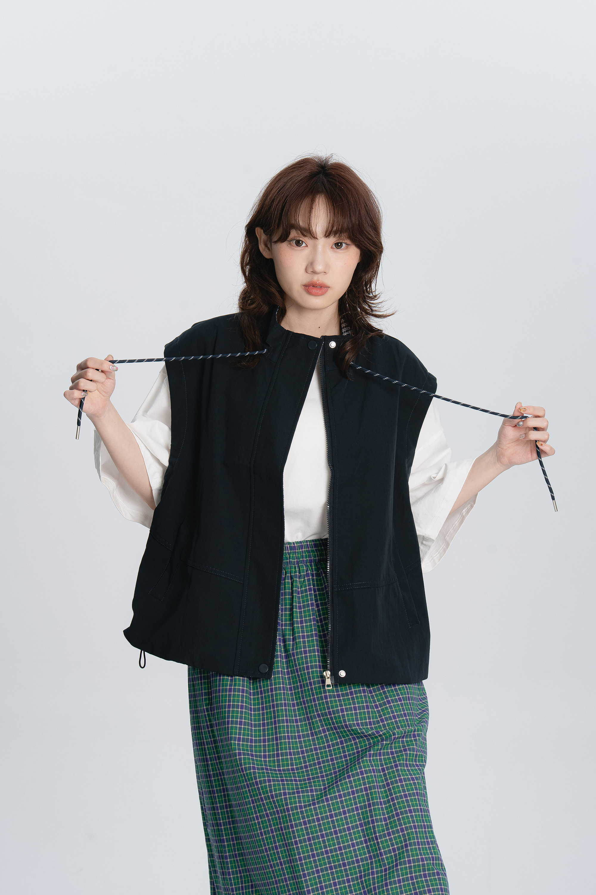日感撞格寬鬆抽繩背心 2色