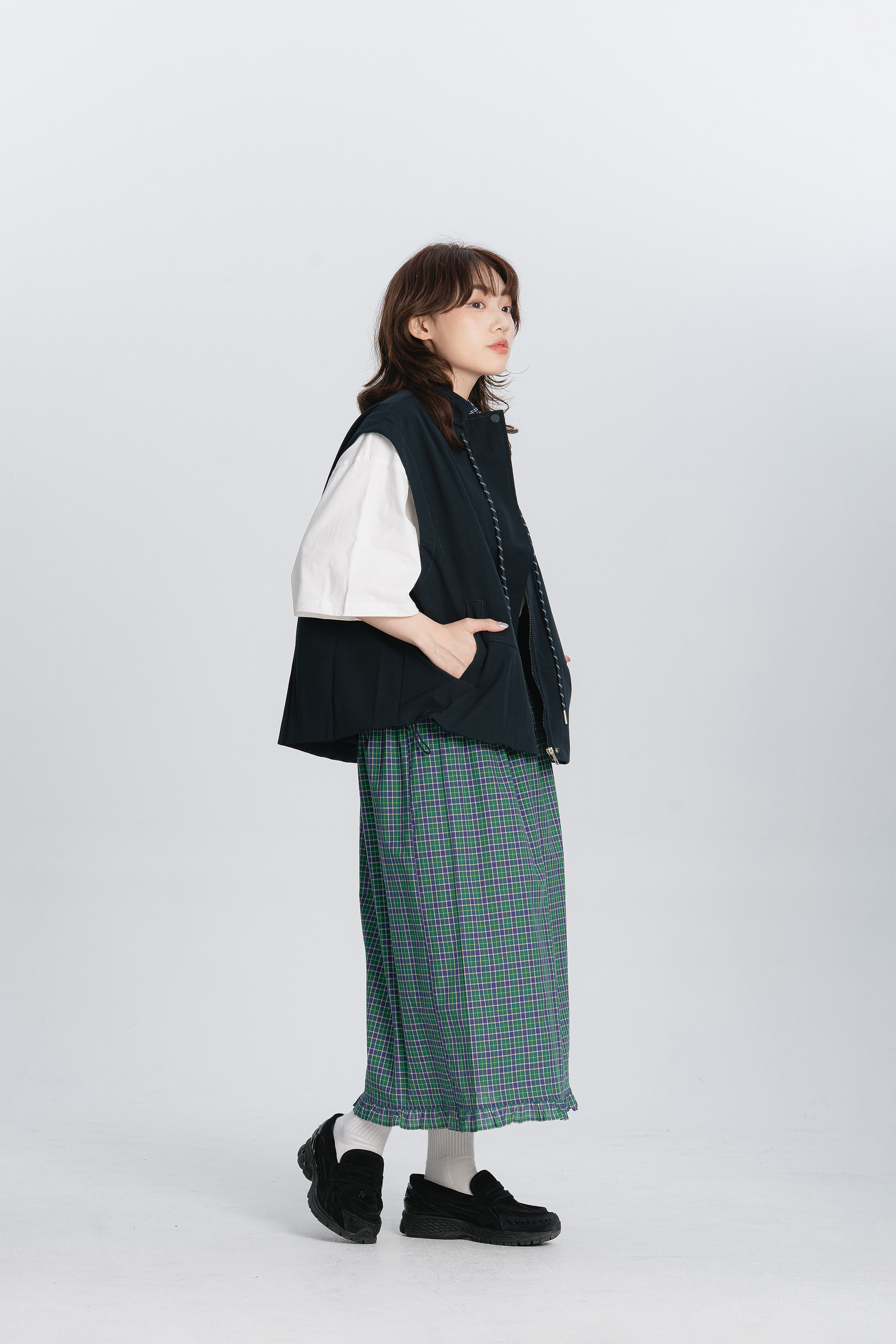 日感撞格寬鬆抽繩背心 2色