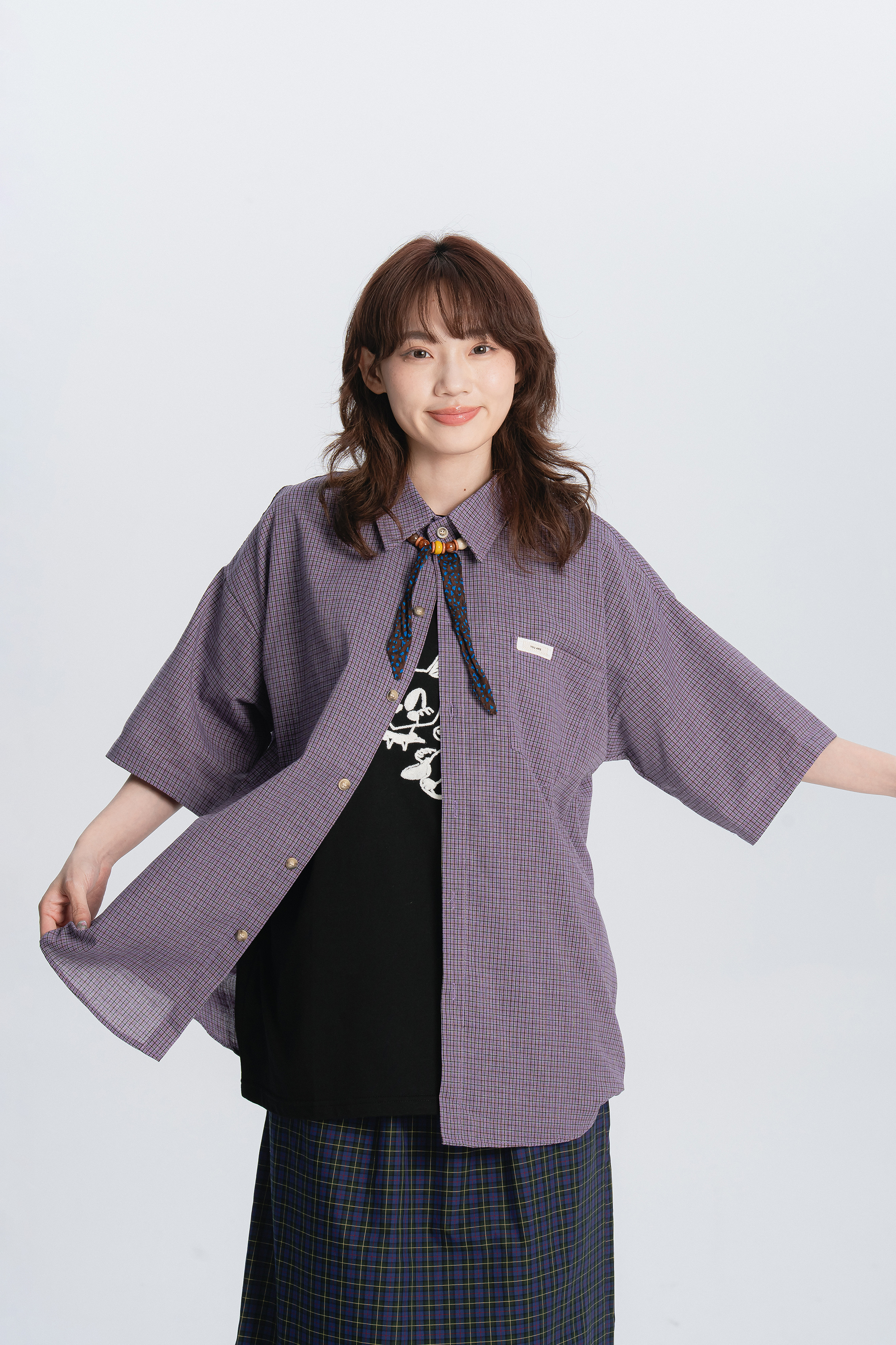 復古日系格紋短襯 2色 ( 附珠珠細領巾 )