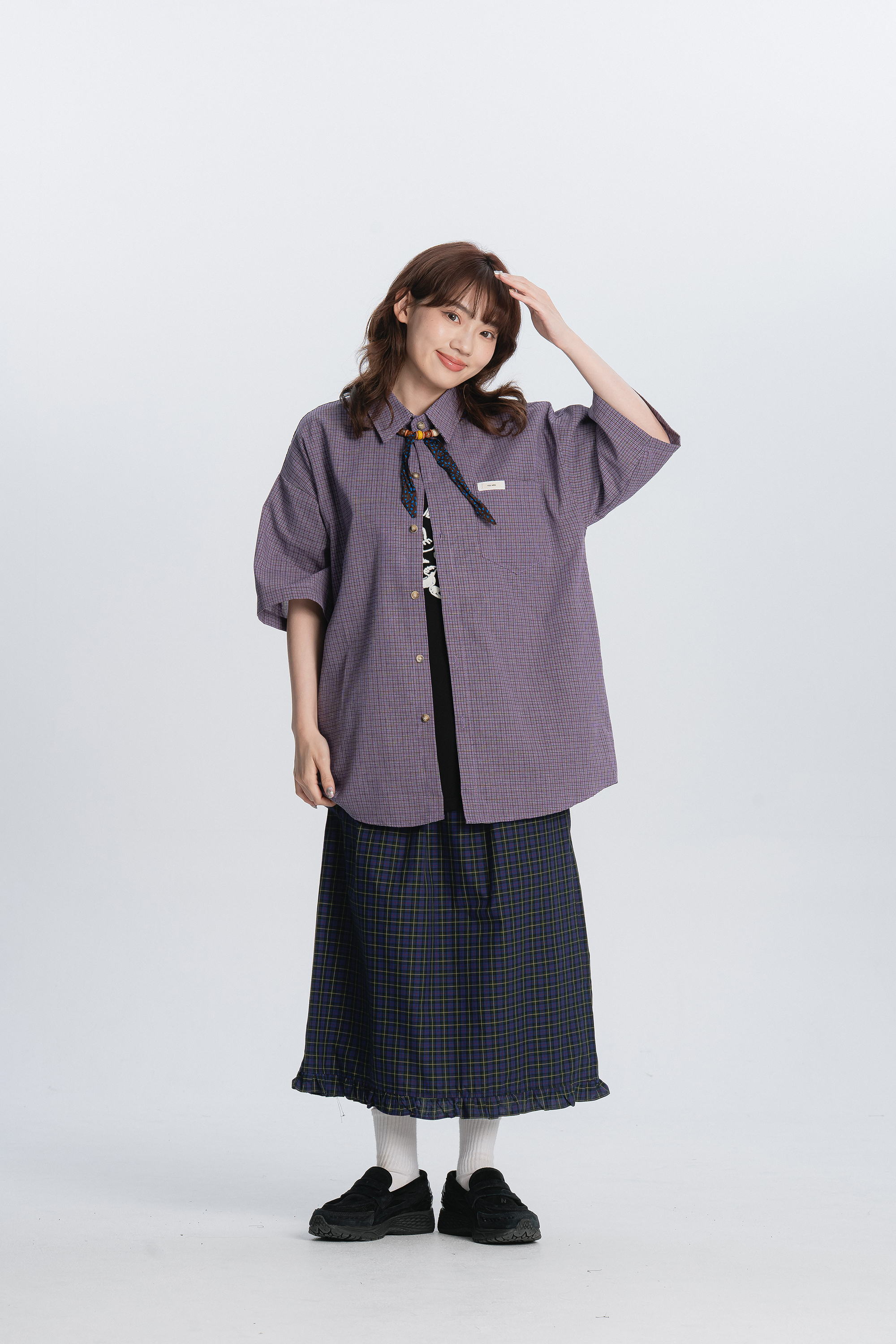 復古日系格紋短襯 2色 ( 附珠珠細領巾 )