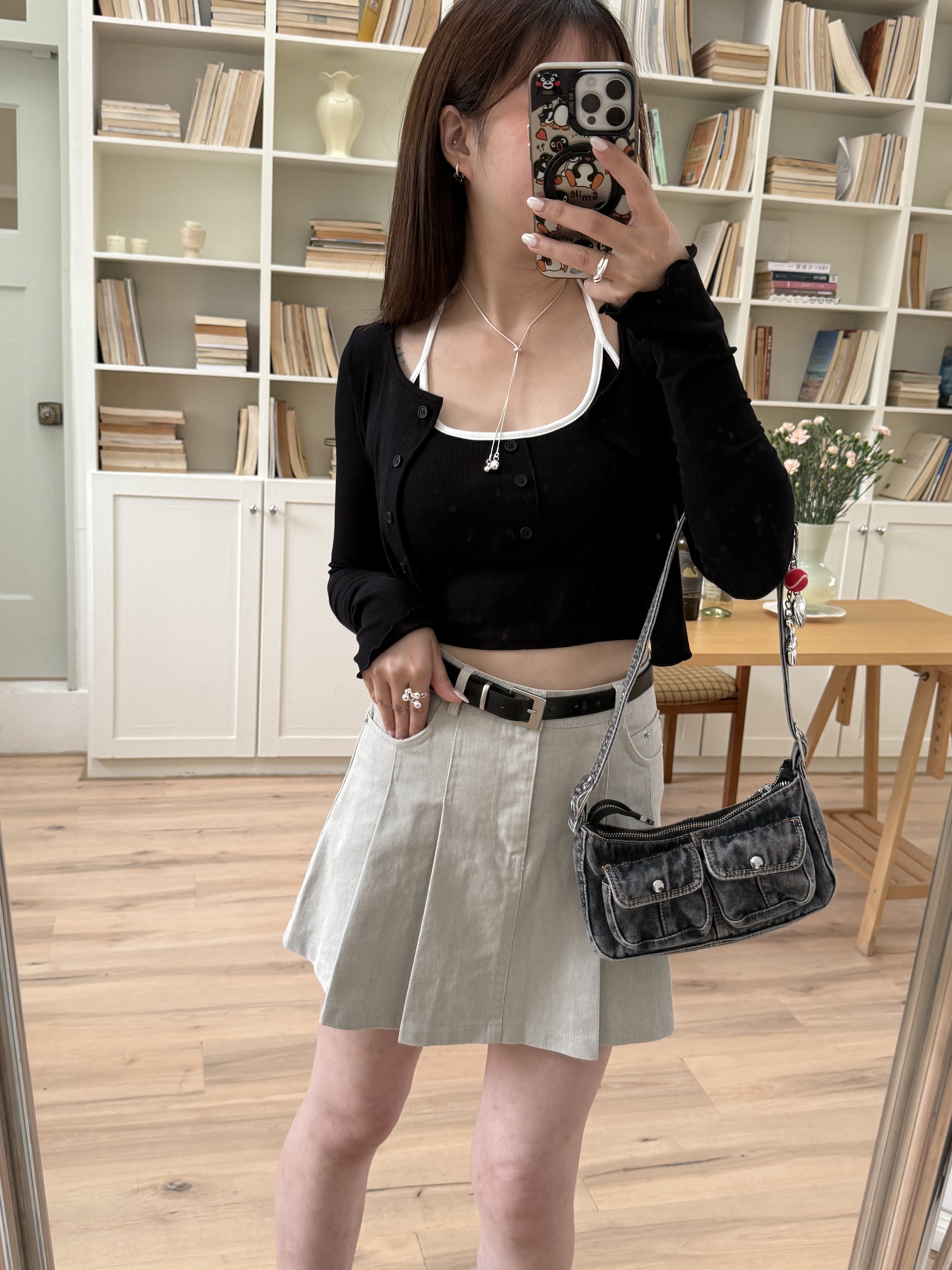 附皮帶百褶水洗短裙