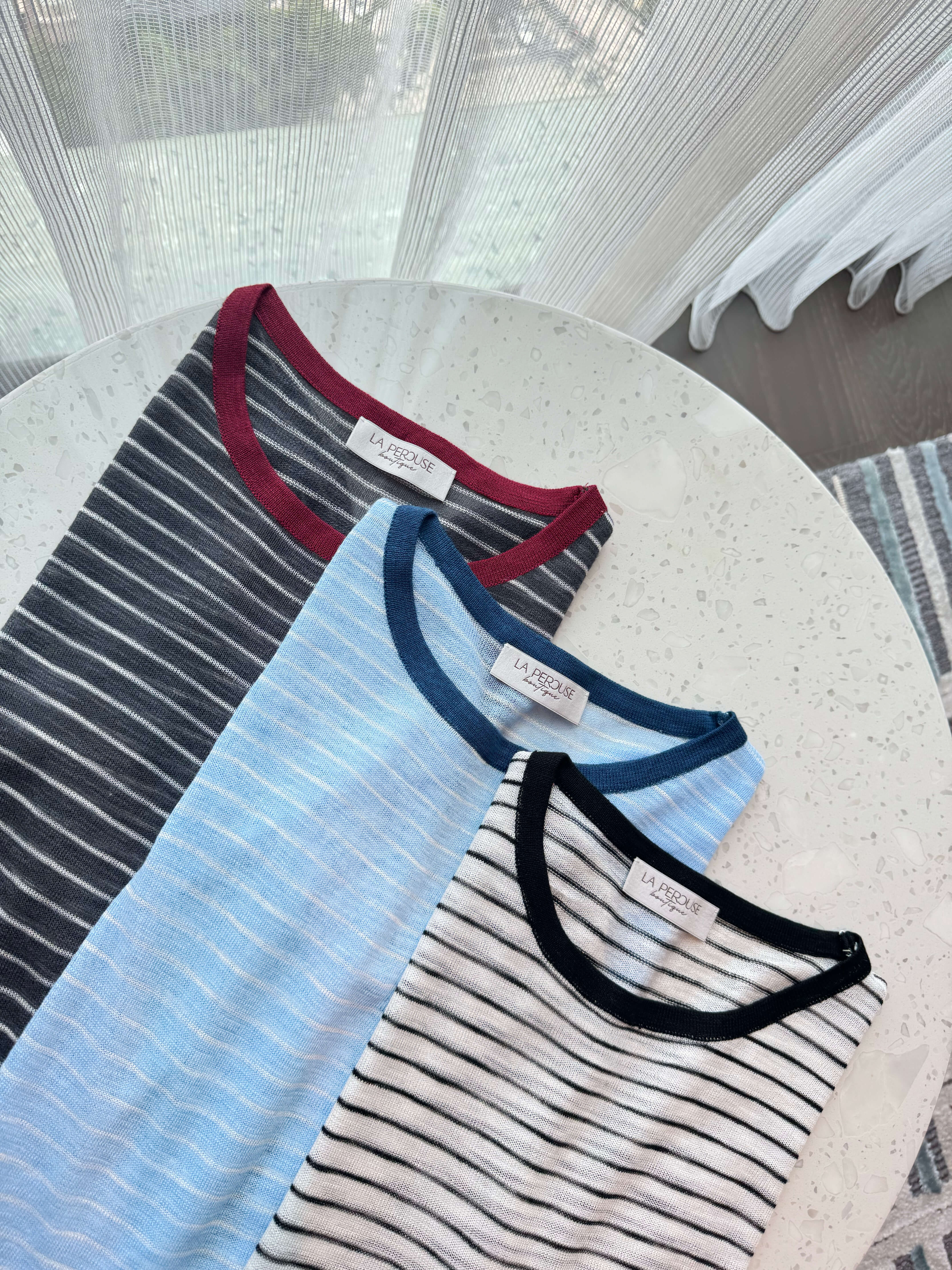 Oversized Striped Mesh Knit Top_KN264L07