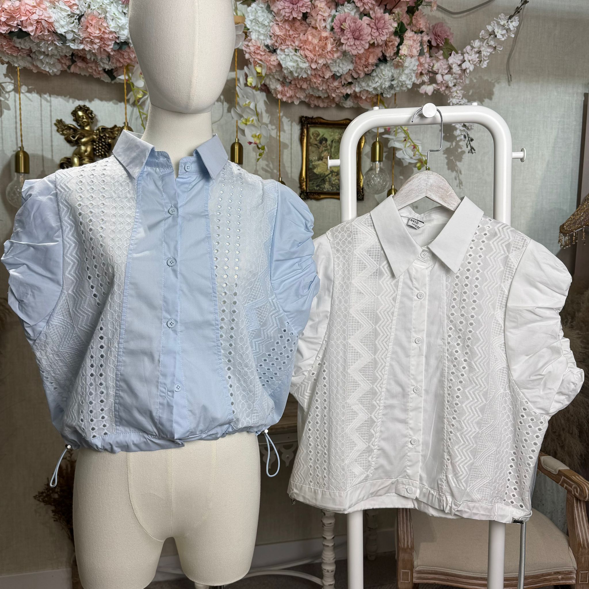 HKCG0403-012 TOP短款泡泡袖襯衫 (A12白/B12淺藍)