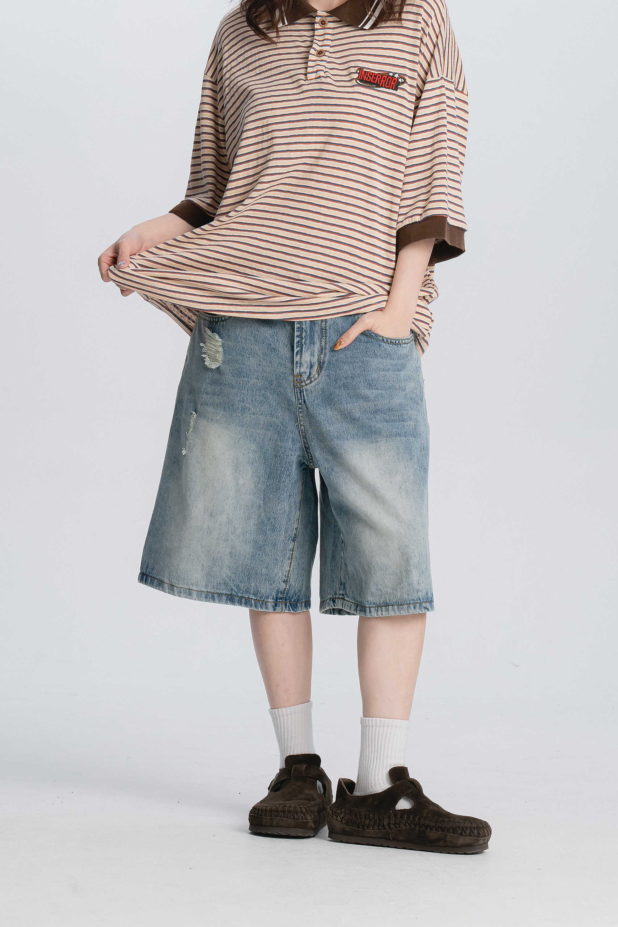 日常小刷破牛仔五分褲 2色