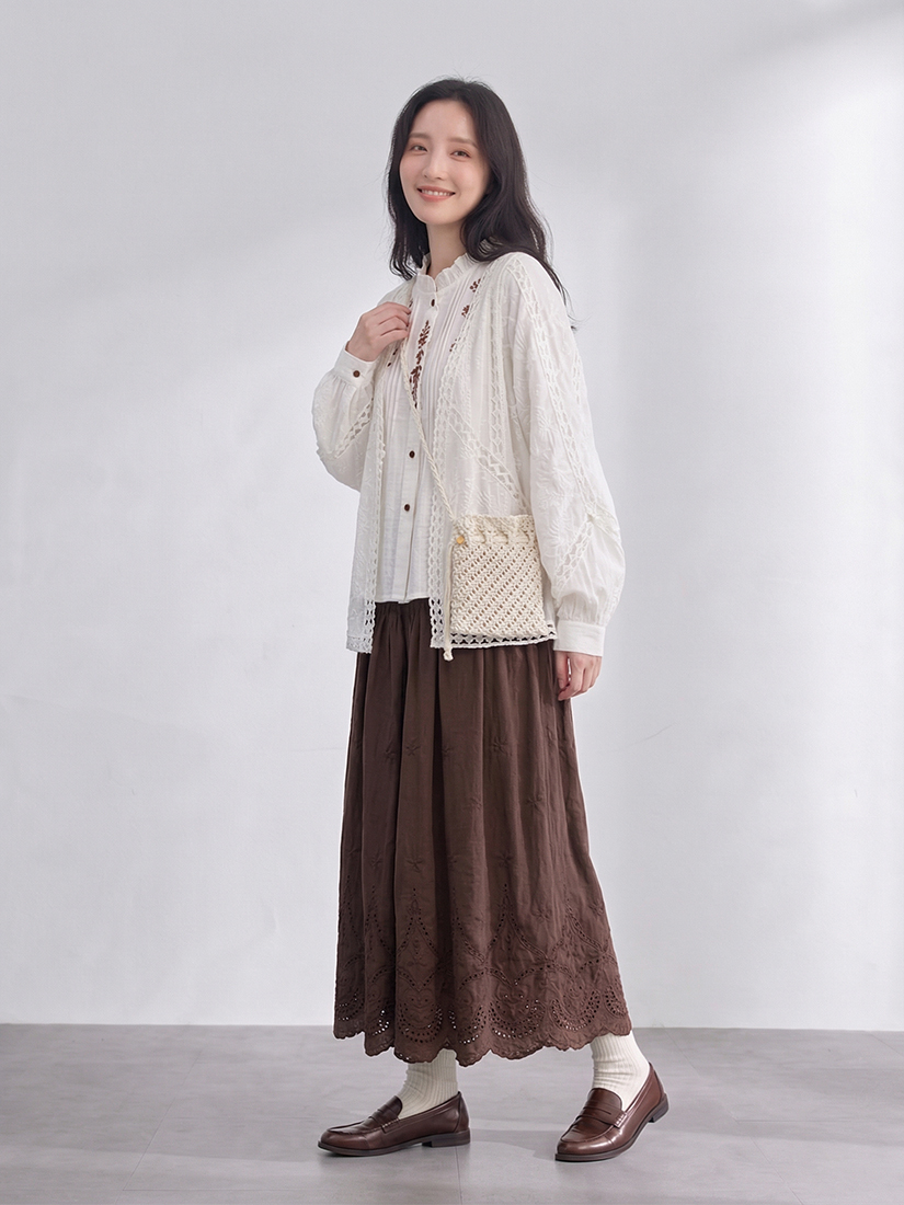 波西棉簍空罩衫荷葉小立領襯衫繡花純棉寬褲組合