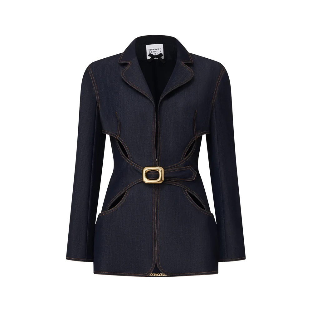 1EA0408-089 [EDWARD ACHOUR] Cut-Out Belted Denim Jacket - Dark Indigo #100103/1003 (EU)
