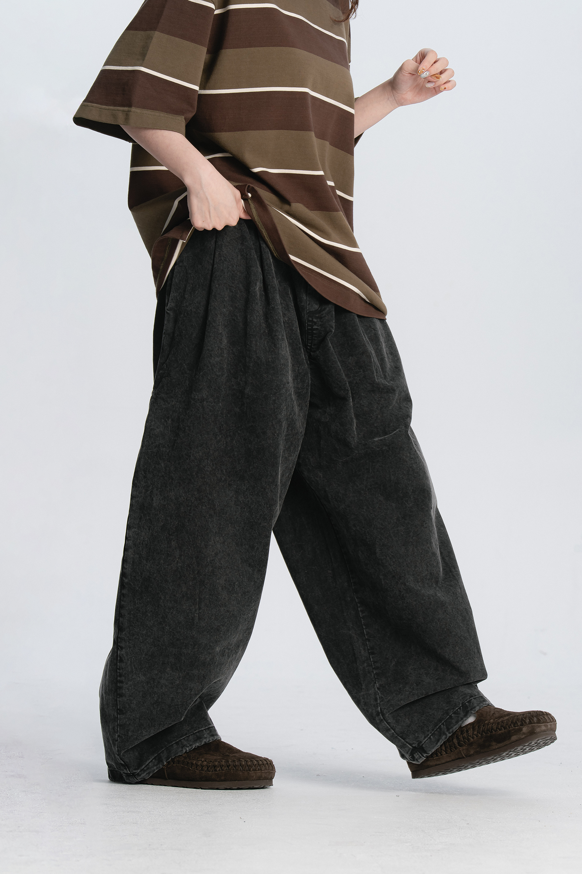 寬直筒水洗綁帶長褲 3色