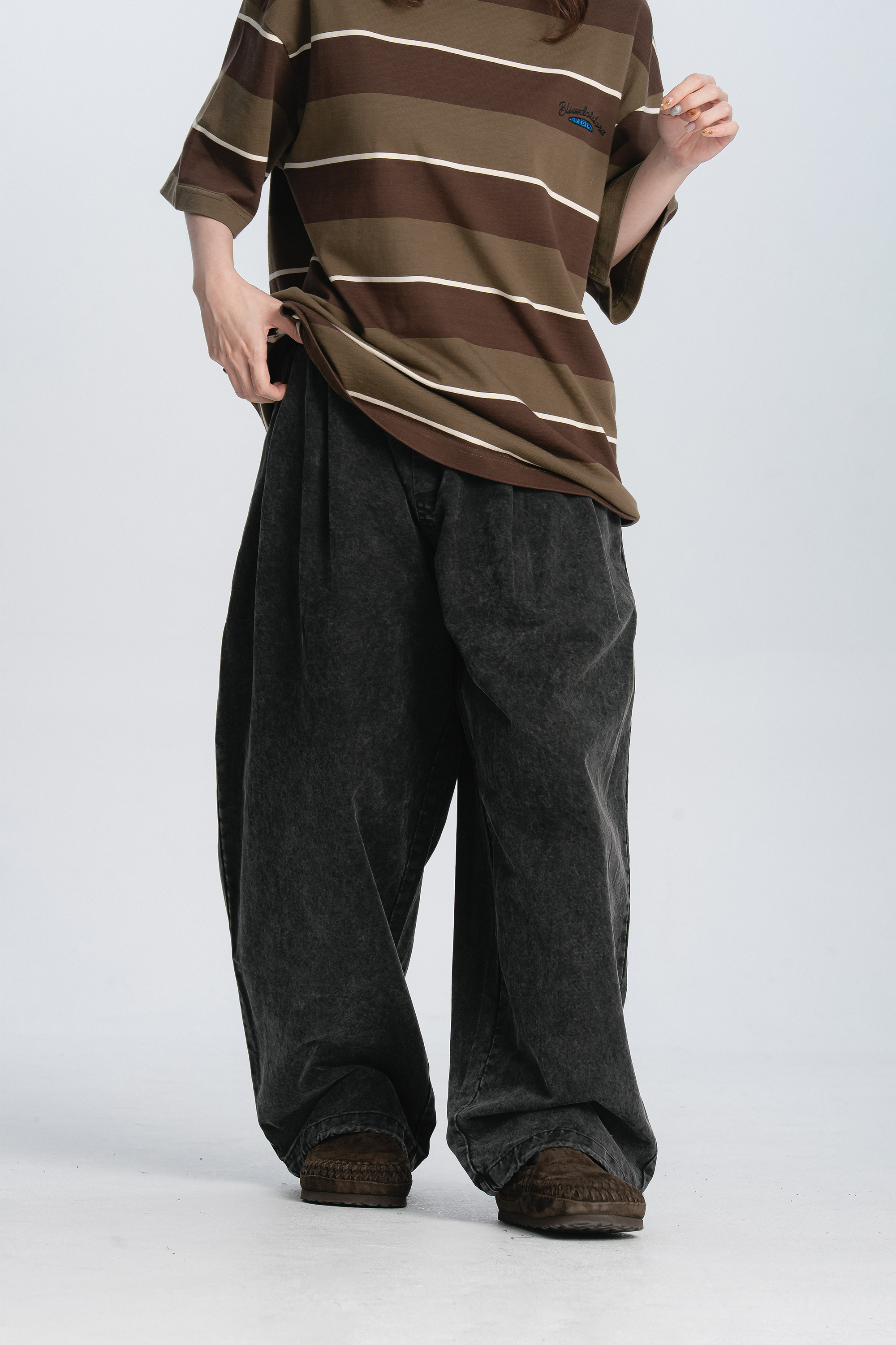 寬直筒水洗綁帶長褲 3色