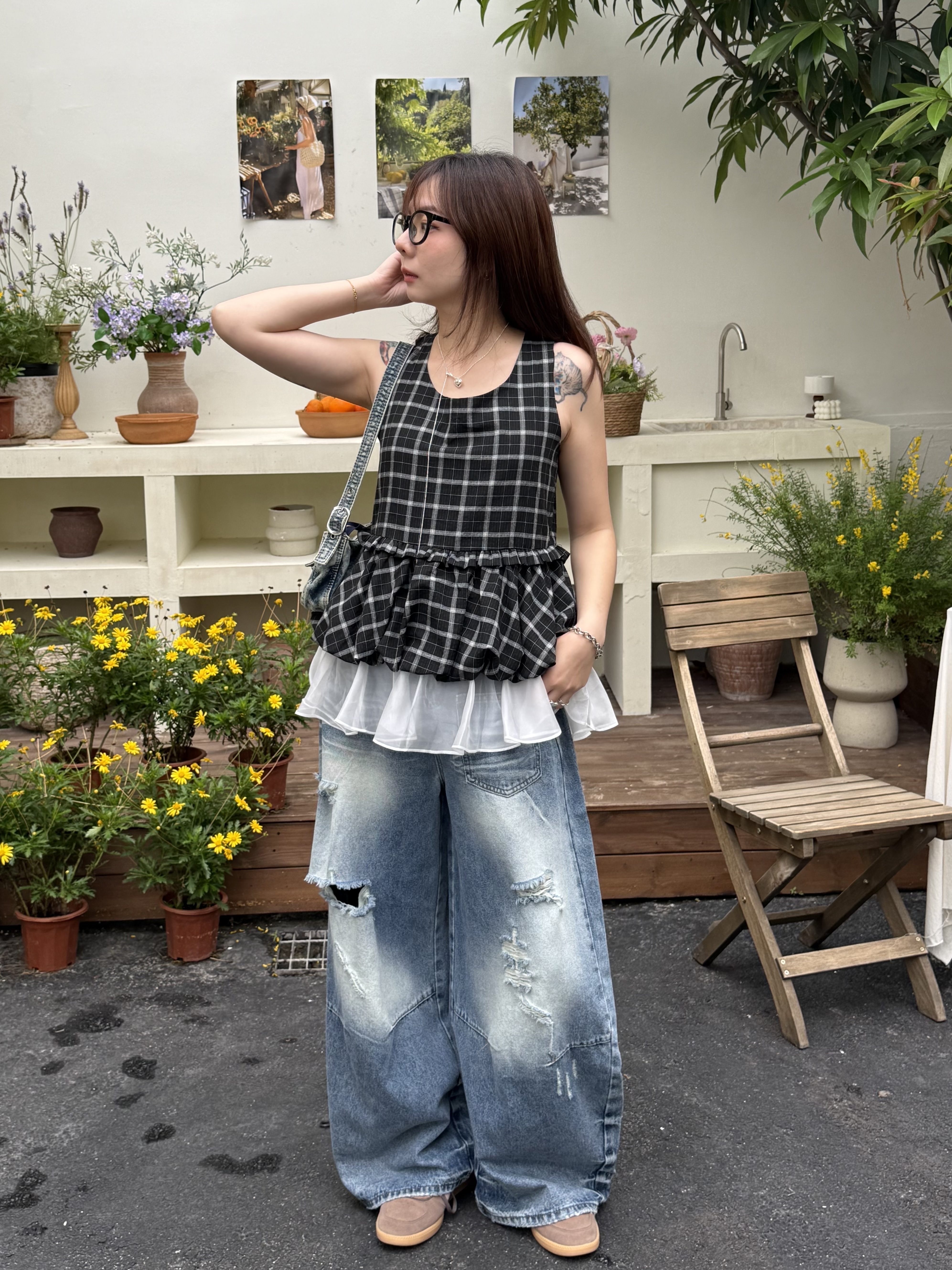 格紋拼接氣球背心