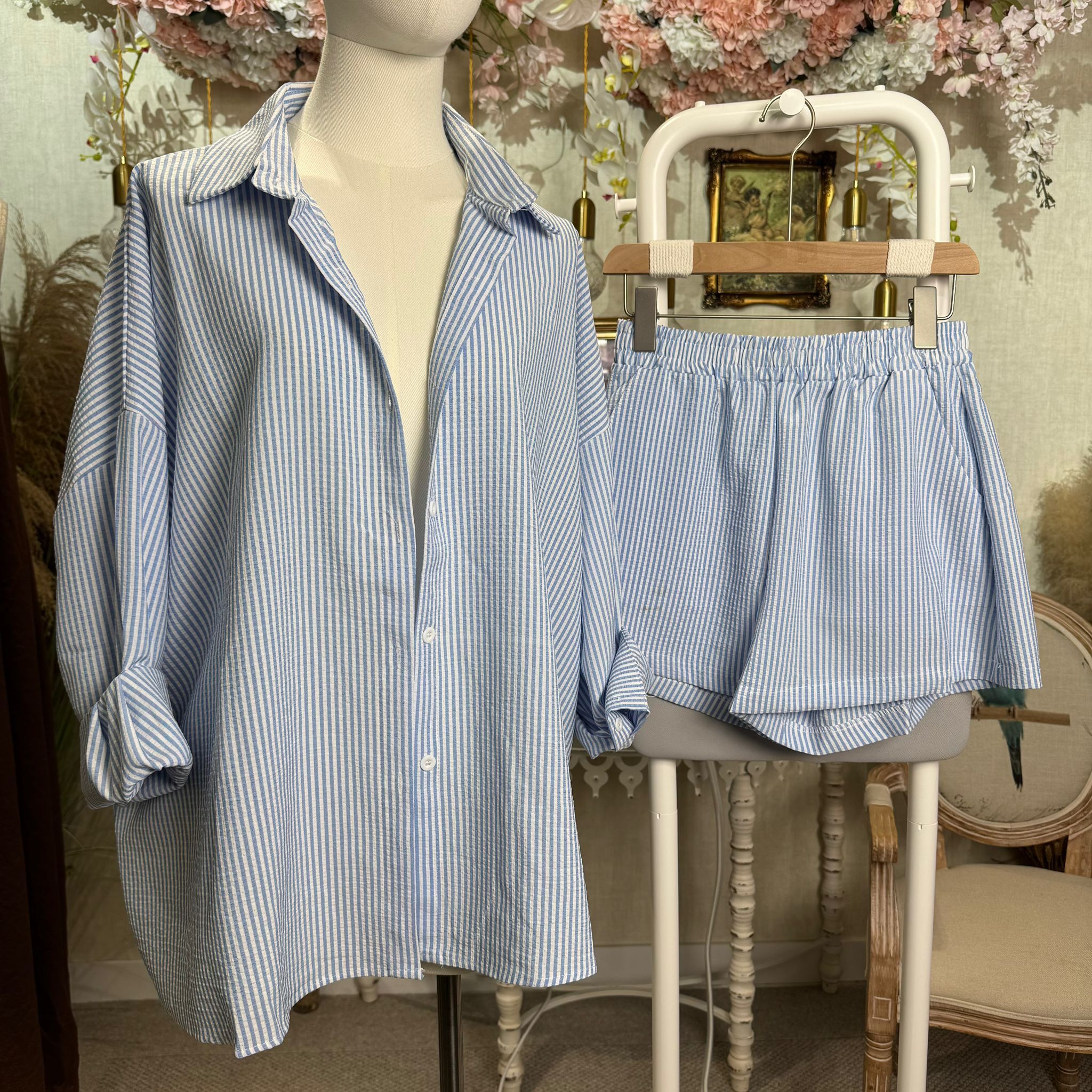 HKCG0403-006 SET藍白格紋長袖短褲 (A6)