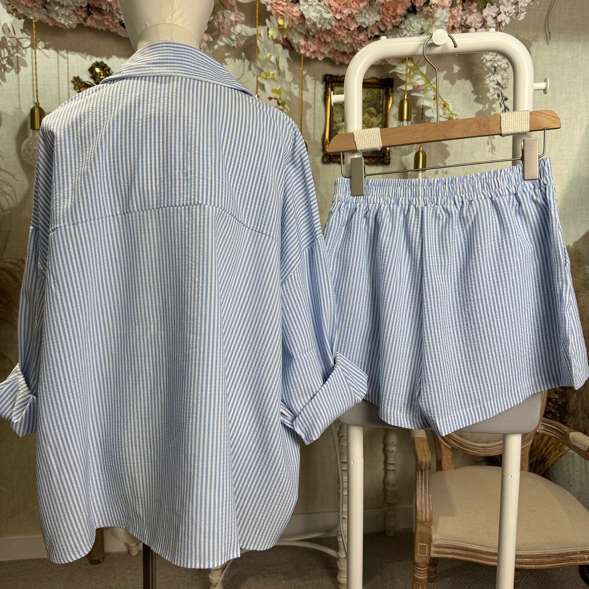 HKCG0403-006 SET藍白格紋長袖短褲 (A6)