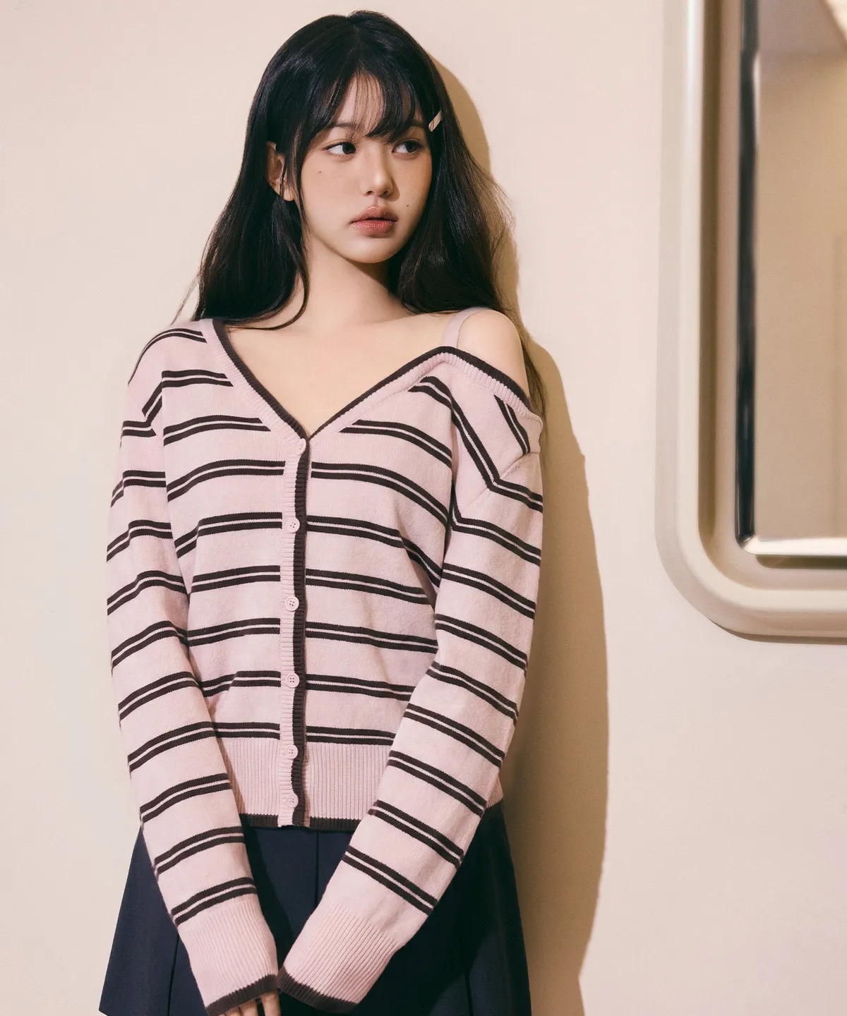 ROLAROLA ONE OFF SHOULDER STRIPE WOOL BLENDED CARDIGAN