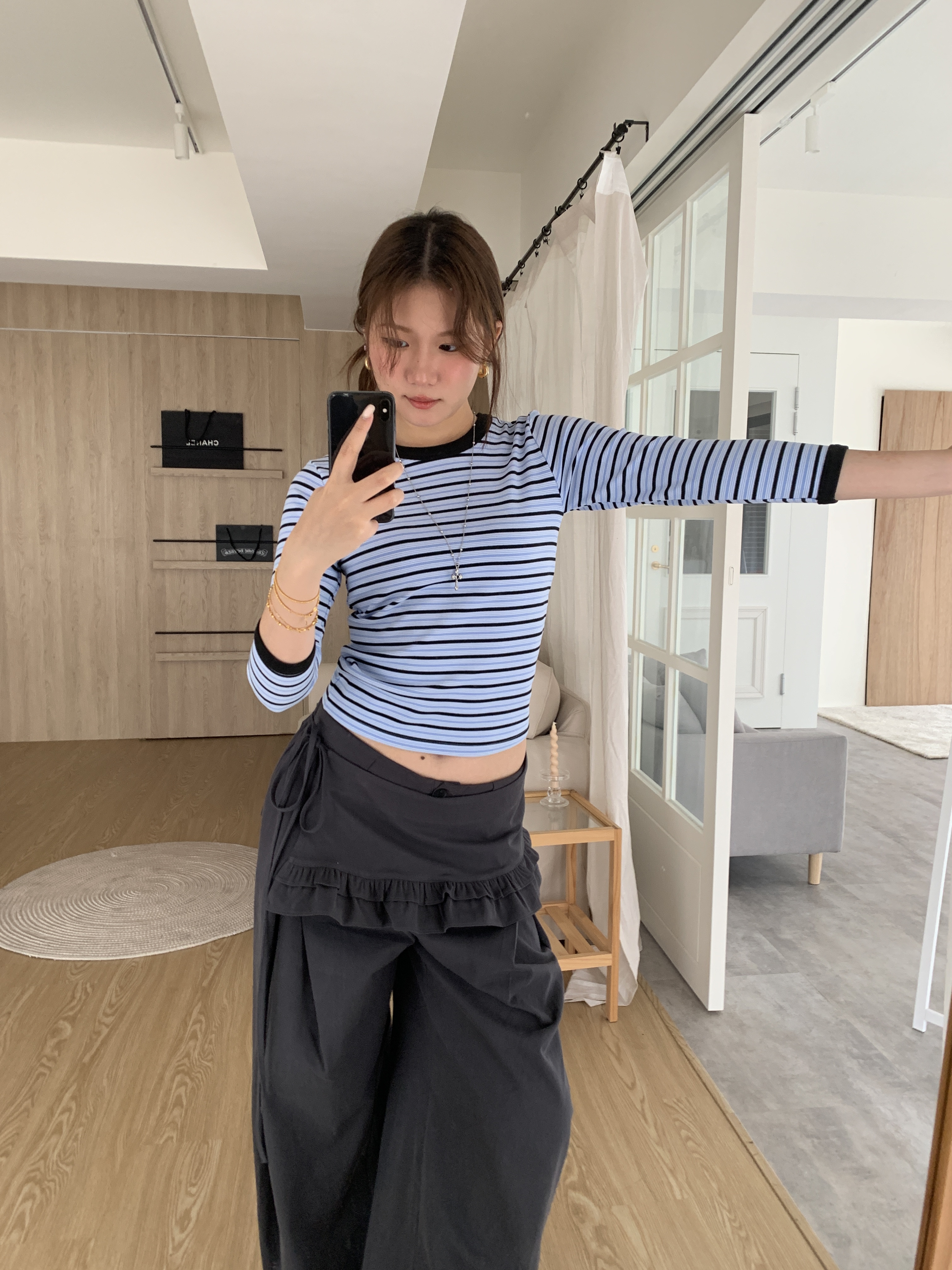 L010/明豔系滾邊條紋七分袖